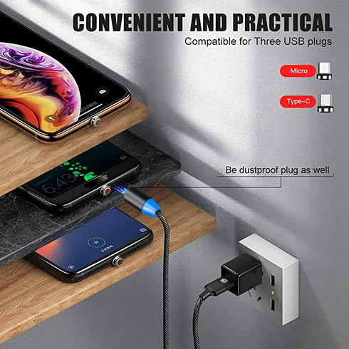 Magnetic Charging Cable,(5-Pack,1ft/3ft/6ft/6ft/10ft) Magnetic Phone Charger,3-in-1 USB Magnetic Cable Compatible Micro USB,Type C(Black,Gen 1)...