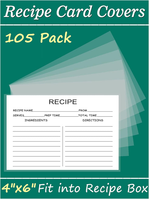 4x6 Recipe Card Protectors, 105 PACK Thick Recipe Card Covers Clear with 56 Divider Labels, Plastic Recipe Card Sleeves 1 Pockets Per Page Fit int...