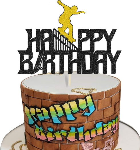 Glitter Happy Birthday Skateboard Cake Topper for Extreme Skateboard Sport Skateboarding Graffiti Theme Birthday Party Cake Decorations...