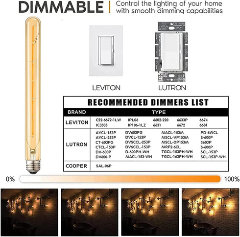 LEOOLS T300 Vintage LED Filament Bulb T10 6W Dimmable Led Edison Light Bulb 11.8inch Long Tubular Vintage LED Light,E26 Medium Base,Amber Glass,Wa...