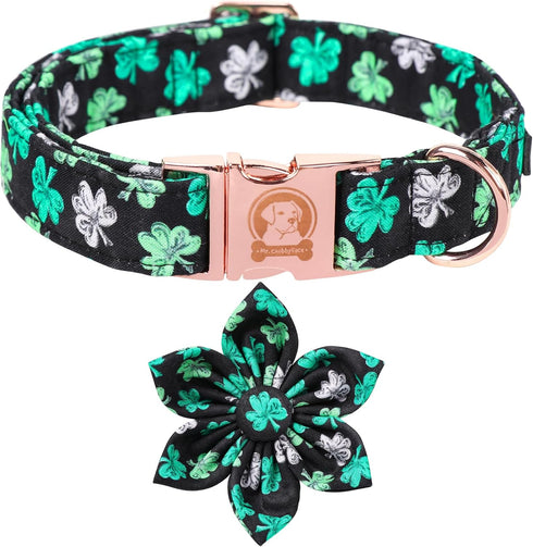 MR. CHUBBYFACE St.Patrick's Day Clover Dog Collar, Whit Green Clovers Adjustable Dog Collar with Flower Tie for Small Medium Large Dogs,XL...