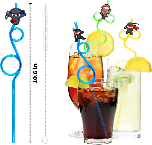 24 Ninja Drinking Crazy Straws for Kids | Ninja Themed Warrior Birthday Party Supplies Favors Decorations with 24 PVC Charm, 2 Cleaning Brushes Re...
