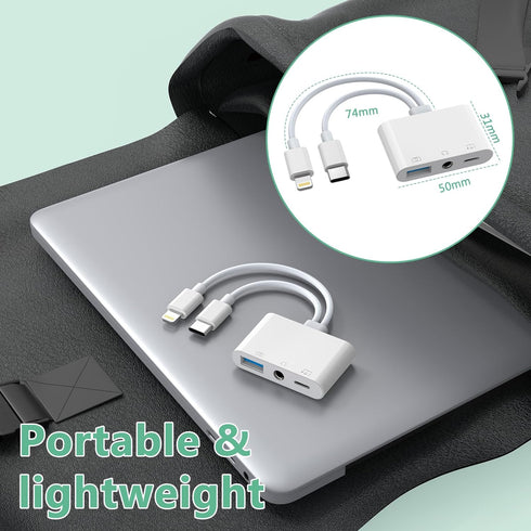 Lightning + USB C to Aux Audio Headphone Jack Adapter,Multi USB OTG Camera Adapter+3.5mm Earphone Jack+Type-C Earphone/Charge Port,Phone Splitter ...