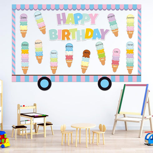 99Pcs Summer Ice Cream Birthday Bulletin Board Set Classroom Happy Birthday Chart Cutouts Name Plates Decoration for Calendars Bulletin Boards Wal...