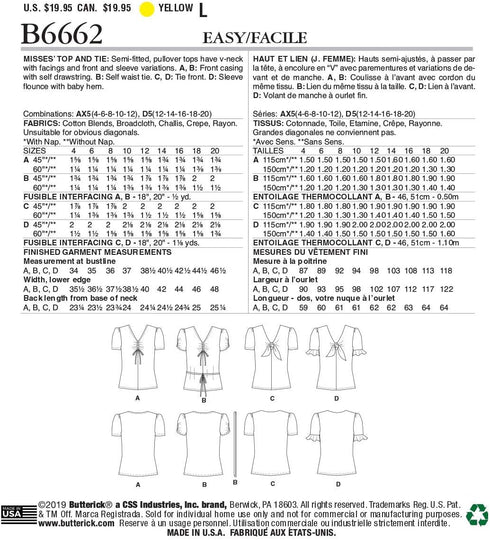 Butterick B6662D5 Easy to Sew Women's Pullover Tie Front Blouse Sewing Patterns Sizes 12-20...