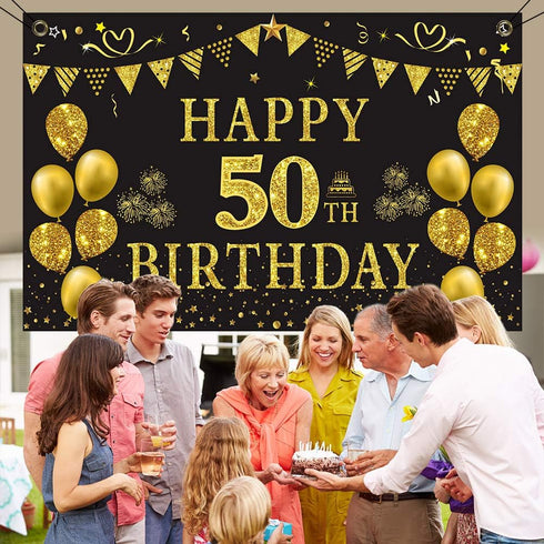 Trgowaul 50th Birthday Backdrop Gold and Black 5.9 X 3.6 Fts Happy Birthday Party Decorations Banner for Women Men Photography Supplies Background...