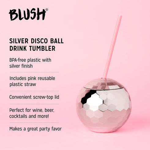 Blush Silver Disco Ball Cup with Straws for Parties - 16 Ounce Cute Sparkly Glitter Cocktail Disco Ball Drink Tumbler, Party Supplies...