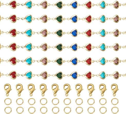 Pandahall 13.12 Feet Rhinestone Heart Links Chains Colorful Crystal Glass Heart Golden Chains Unwelded Jewelry Chains for Bracelet Necklace Jewelr...