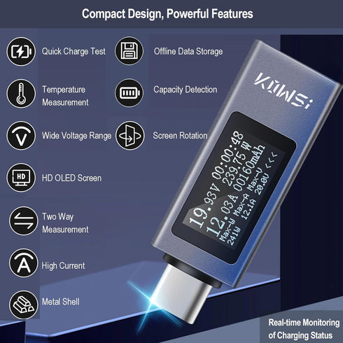 USB C Power Meter USB C Tester, USB Multimeter 4-30V 0-12A Voltage Current Capacity Energy Power Digital Tester with OLED Display Support 240W Fas...