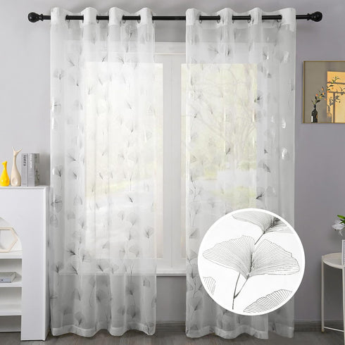 Silver Foil Print Voile Sheer Curtains, Leaves Grommet Top Window Drapes 72 Inches Long, Luxury Metallic Bronzing Treatment Panels for Home Window...