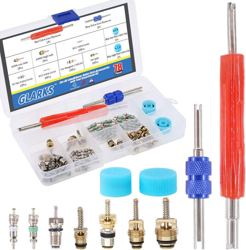 Glarks 78Pcs Car Air Conditioner Valve Core Schrader Valve Cores Accessories A/C R12 R134a Refrigeration Tire Valve Stem with Double Head Remover ...