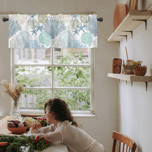 Blue Farmhouse Short Window Curtain Valances, Summer Beach Coral Starfish Valances for Windows, Ocean Nautical Coastal Rod Pocket Window Treatment...