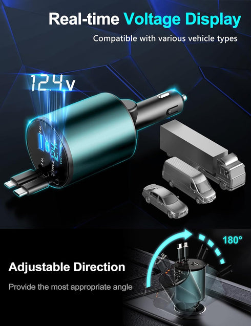 60W Multi-Port Car Fast Charger with Retractable Cable Car Cigarette Lighter Adapter, 4-in-1 Fast Charger for Smart Devices, Compatible with iPhon...