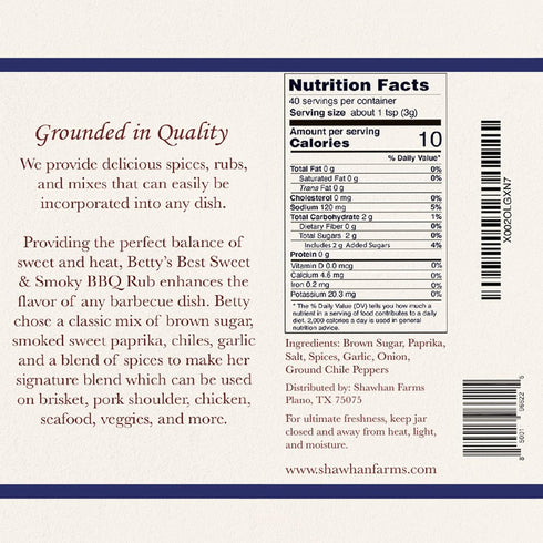 Shawhan Farms Betty’s Best Sweet & Smoky BBQ Seasoning - Non-GMO - Naturally Gluten Free - Perfect for Grilling Beef, Steak, Chicken, Brisket - 4....