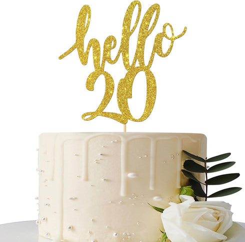 Hello 20 Cake Topper – 20th Birthday / 20th Anniversary Party Cake Decoration, 20th Birthday / 20th Anniversary Party Decorations Supplies (Gold, ...