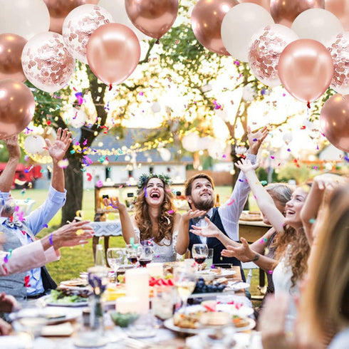 Rose Gold Confetti Balloons, 50pcs 12 Inch Metallic Confetti White and Rose Gold Latex Balloons with 33 Feet String for Birthday Party Wedding Ann...