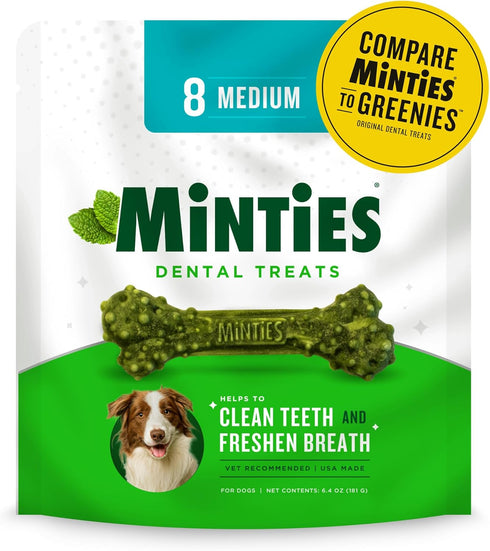 Minties Dental Chews for Dogs, 8 Count, Vet-Recommended Mint-Flavored Dental Treats for Medium Dogs 25-50 lbs, Dental Bones Clean Teeth, Fight Bad...