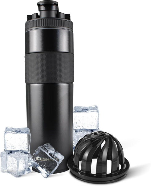 Ice Shaker Insulated Stainless Steel Shaker Bottle | 20 oz, Black | Cold for 24+ Hours | Insulated Cup with Twist-on Agitator | Odor-Free Bottle f...