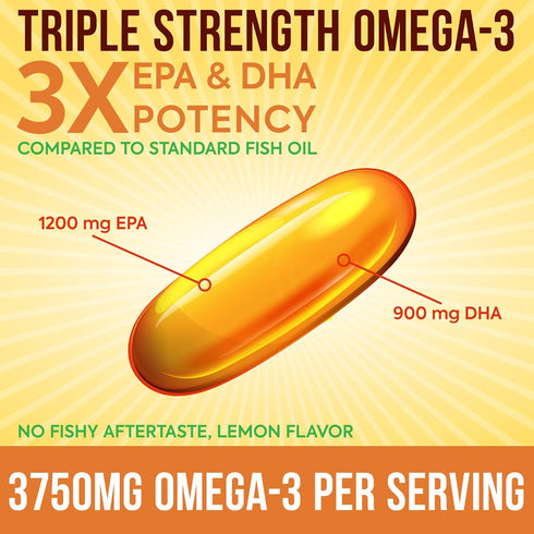 Omega-3 Fish Oil 3750mg Triple Strength - 180 Burpless Softgels | EPA 1200mg + DHA 900mg | Promotes Healthy Heart, Immune System, Eyes, Skin & Bra...