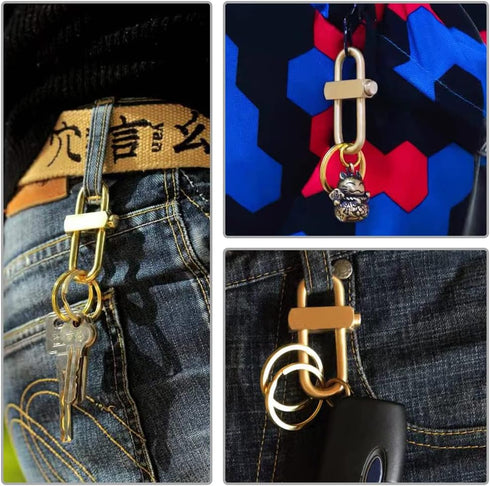 Brass Key Chain with 3 Rings - Keychain Hook by Pressing Side Button Slide Up and Down to Lock Buckle for Keys...