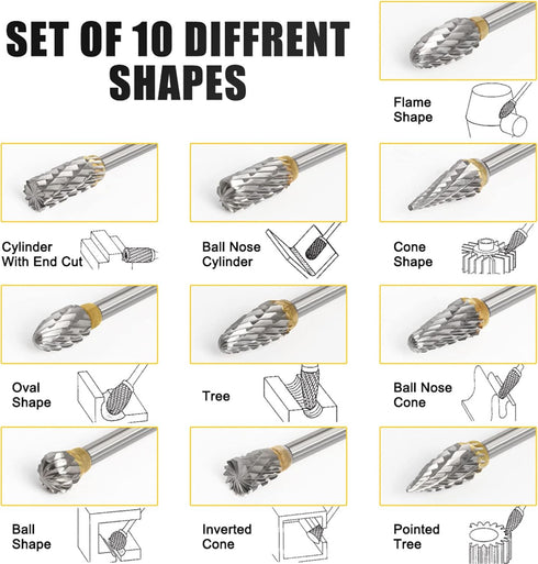 Tungsten Carbide Rotary Burr Die Grinder Bits Single Cut Grinding Head Diameter 12mm with 1/4" Shank Rotary Tool For Woodworking Drilling DIY Engr...