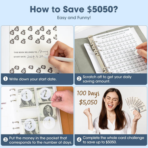 100 Envelopes Money Saving Challenge, Savings Challenges Book with Envelopes & Challenge Tracker, Motivational Process to Save $5050, 100 Envelope...