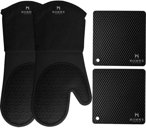 HOMWE Silicone Oven Mitts and Pot Holders, 4-Piece Set, Heavy Duty Cooking Gloves, Kitchen Counter Safe Trivet Mats, Advanced Heat Resistance, Sli...