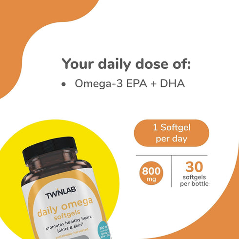 Twinlab Daily Omega Softgels - Joint Health and Brain Health Fish Oil Supplements - 800 mg, 30 Softgels...