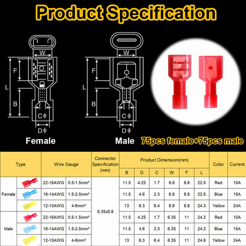 smseace 100Pcs Spade Connectors Kit 22-10AWG Male/Female wire Spade connectors Nylon Spade Quick Connect/Disconnect Connectors Electrical Spade Co...