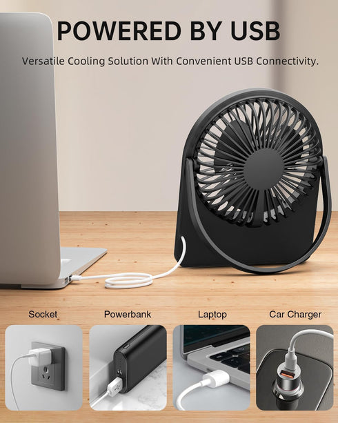 3.5" USB FAN, Strong Wind Ultra Quiet Small Desk Fan Foldable 3 Speeds Adjustable, USB Corded Powered Personal Fan for Home, Office, Desktop, Blac...