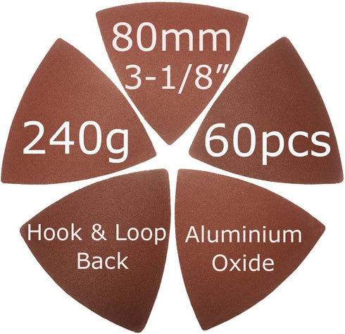 60 Pcs 240 Grits 3-1/8 Inch 80mm Triangular Oscillating Tool Sanding Paper for Wood Sanding Fit 80mm Triangular Multi Tool Sanding Pads XG8020240...