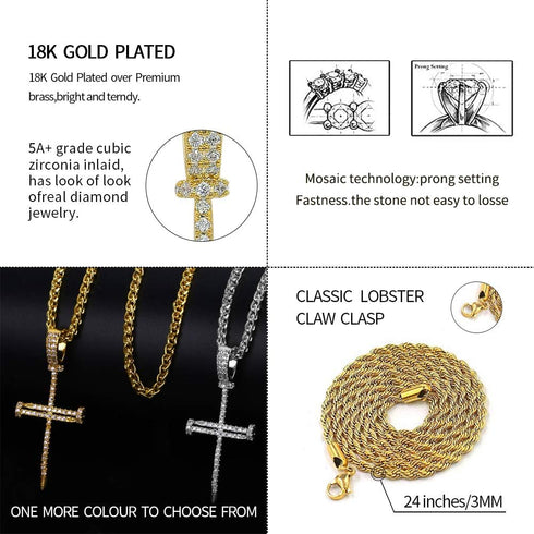 JINAO Nail Cross Pendant Necklace 14k Gold Plated Iced Out Cubic Zirconia Diamond Charm Cross Chain for Men Women...