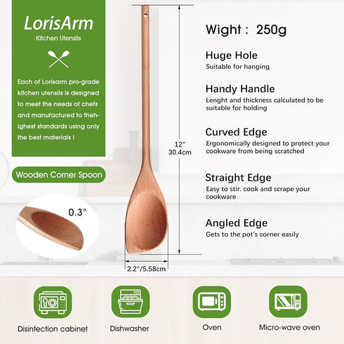 12" Wooden Corner spoon, Solid Wood Spatula & Spoon, Handcraft Wood Spoonula Cooking Utensil, Kitchen Spatulas for Baking, stirring, Serving, Scra...