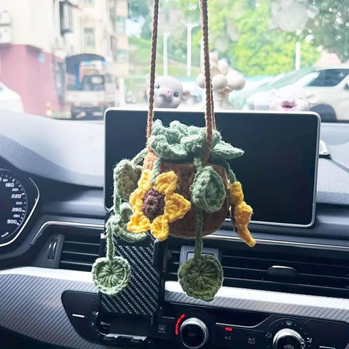Car Hanging Ornament Cute Crochet Plant Rear view Mirror Pendant Decoration Handmade Knitted Mirror Hanging Car Interior Accessories Gardening Han...