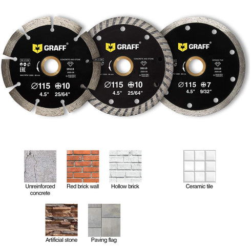 (3 Pack, 4 1/2 inches) GRAFF Diamond Blade for Angle Grinder - Diamond Cutting Wheel for Dry and Wet Cutting Stone, Marble, Granite, Brick, Masonr...