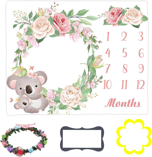 Baby Memory Blanket, Koala Cute Animal Flowers Newborn Baby Monthly Milestone Blanket for Girls Princess Baby Age Blanket, 48x40 Inch Nurse Receiv...
