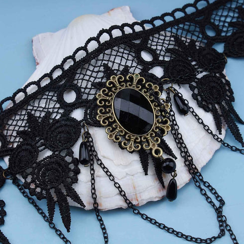 Boho Lace Choker Necklace Black Lace Tassel Necklace Choker Gothic Drape Crystal Lace Collar Necklace Vintage Black Cz Waterdrop Necklace Chain Je...