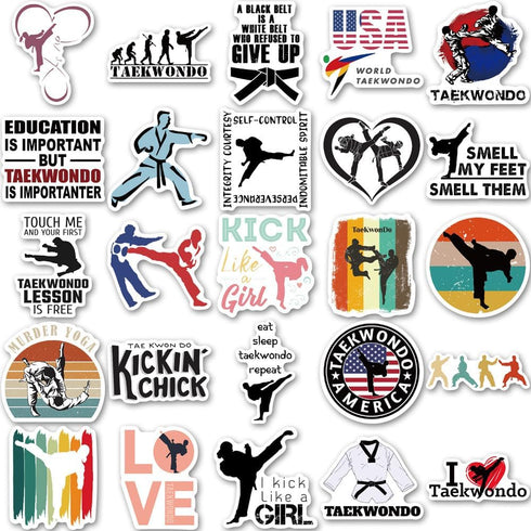 Taekwondo Stickers, 50Pcs Martial Arts Taekwondo Black Belt Self-Protection Stickers Decals for Laptop Water Bottle Cup Luggage Guitar Skateboard ...