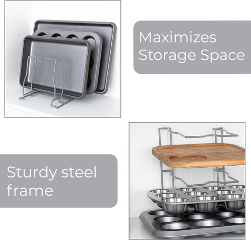 Smart Design Bakeware and Lid Storage Rack with 4 Compartment Dividers - Steel Metal Frame - Rust Resistant Finish - Cooking and Baking Pantry Org...