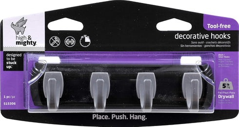 HIGH & MIGHTY 515306 Key Rail Organizer Hook Rail, Easy Tool-Free Dry Wall Installation, Holds up to 5lbs, Small, Black & Silver...
