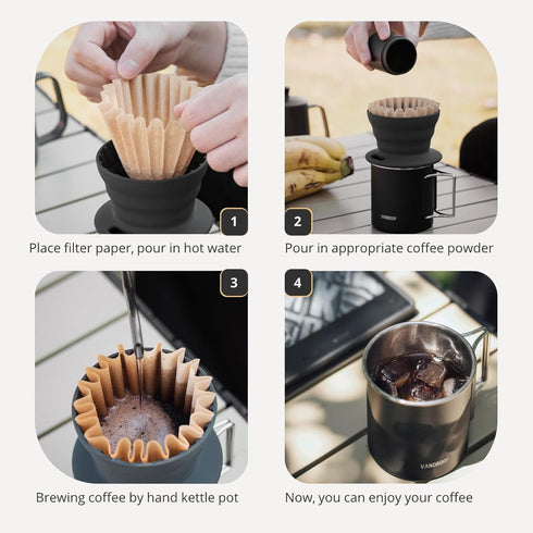 Portable Pour Over Coffee Maker Set, Silicone Collapsible Coffee Dripper Set, Reusable Single Cup Maker Set with 10 Filter Paper (1-2 Cup) (Gray)...
