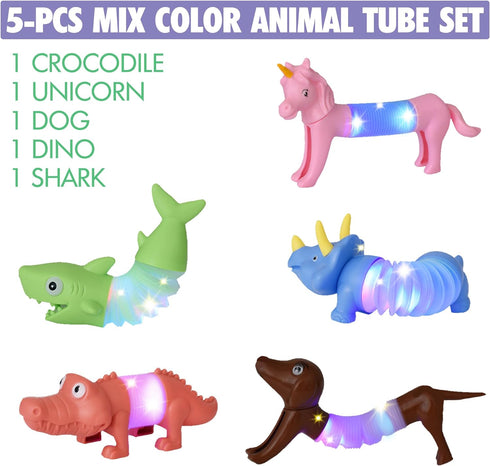 Boxgear 5-Pack LED Pop Tubes Mixed Animal Fidget Toys – Sensory Tubes for Toddlers – Cute Animal Sensory Fidget Toys for Girls and Boys – Stress-R...
