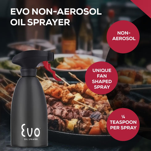 Evo Oil Sprayer 18/8 Stainless Steel, Non-Aerosol for Olive, Cooking Oils, and Vinegars, Black, 16-Ounce Capacity...