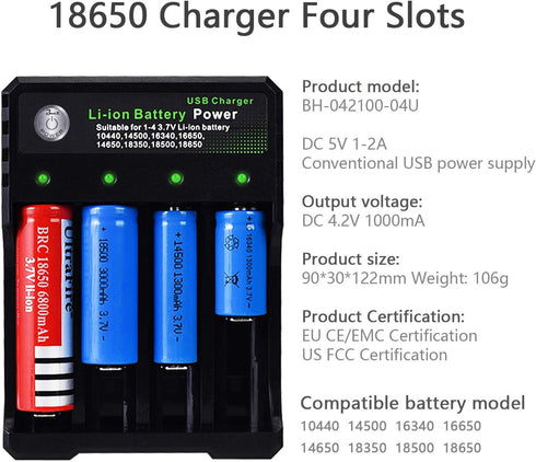 18650 Battery Charger 4 Bay Fast Charge, for 3.7V Li-ion TR IMR 10440 14500 16650 14650 18350 18500 16340(RCR123) Batteries, USB Intelligent Unive...