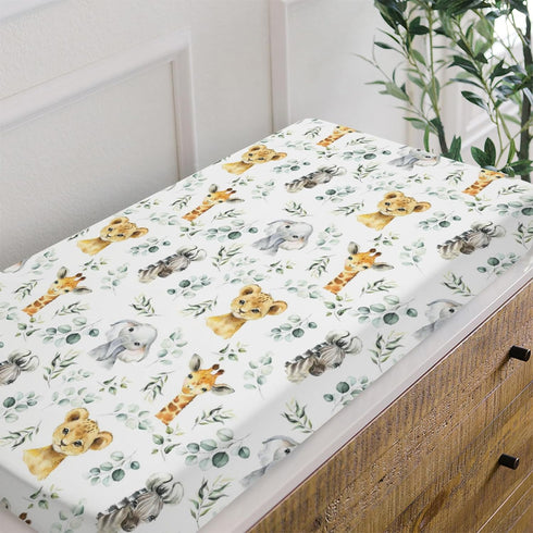 African Safari Jungle Animals Eucalyptus Leaf Changing Pad Cover Baby Girls Boys, Giraffe Elephant Lion Zebra Diaper Change Table Sheet, Stretchy ...