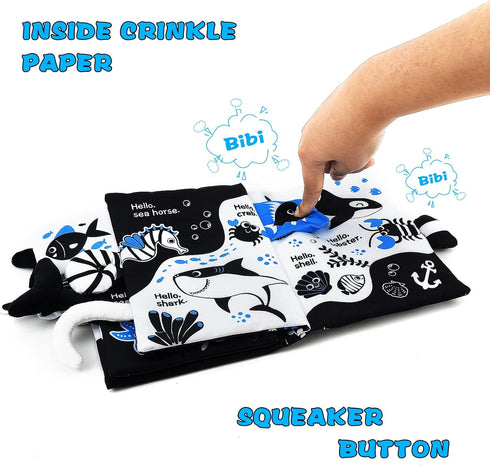 OKOOKO Soft Baby Book Black and White High Contrast Marine Animals Tails Book Bath Book Montessori Sensory Stroller Toy Non-Toxic Crinkle Washable...