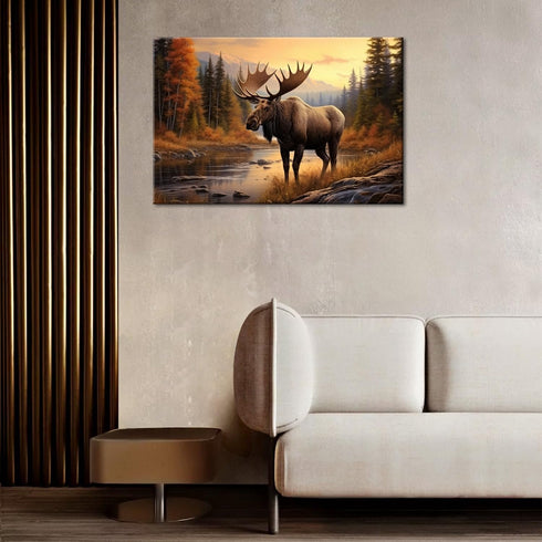 GLOKAKA Nature Moose Wall Art Landscape Moose in the River Wall Decor Print Painting Wilderness Animal Retro Poster for Office Home Bedroom Kitche...