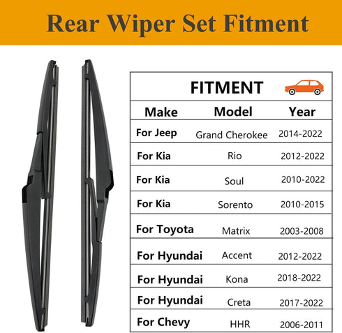2 Pack Rear Wiper Blades for Jeep Grand Cherokee 2014-2022 / Hyundai Accent 2012-2022 / Toyota Prius V 2012-2019 / Kia Soul 2010-2019/ Hyundai Kon...