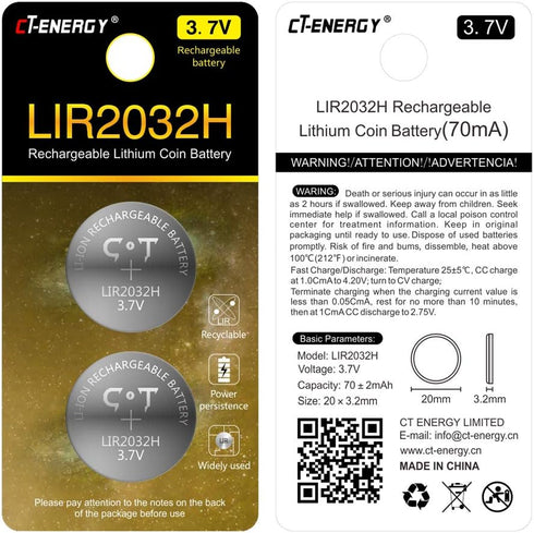 2 Pack 3.7V Lir2032H Rechargeable Coin Batteries for Key Fob,High Capacity 70mAh Lithium 2032 Rechargeable Button Cells Replace 3V Cr2032 Battery...