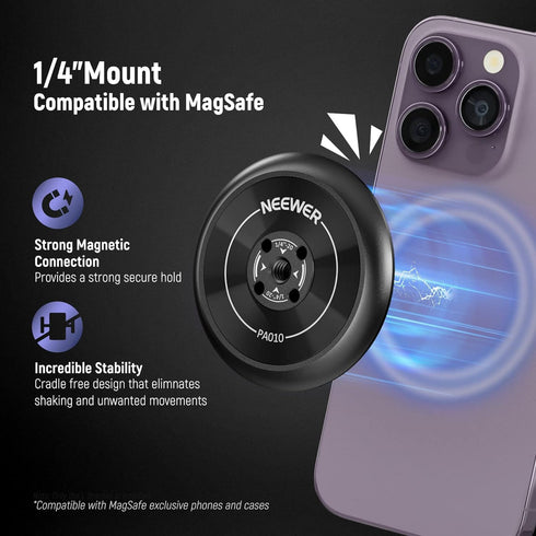 NEEWER Magnetic Phone Tripod Mount Adapter with 1/4" Holes Compatible with iPhone MagSafe Selfie Stick for 15 Pro Max 15 Plus 14 13 12 Pro Max Min...